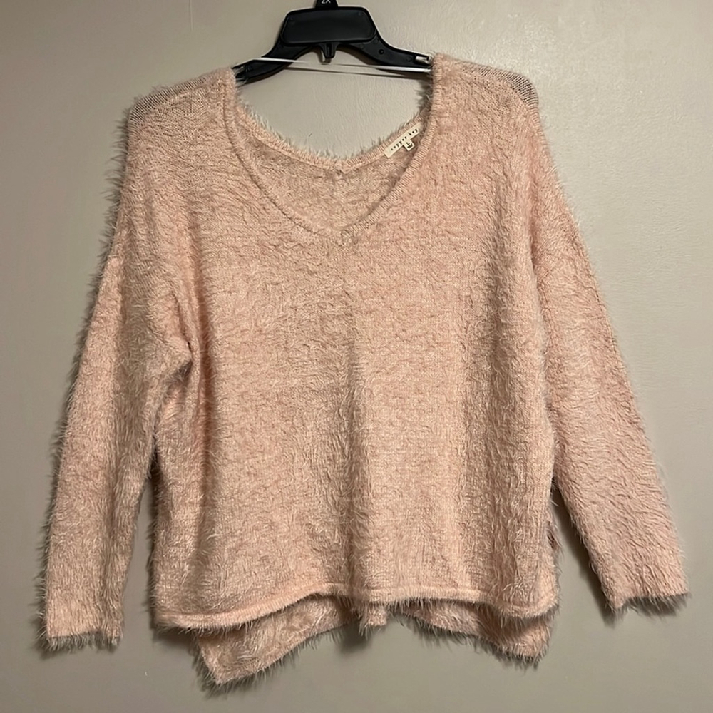 Copper Key Soft & Cozy Pink Shaggy Eyelash V Neck‎ Boxy Oversized Sweater Large